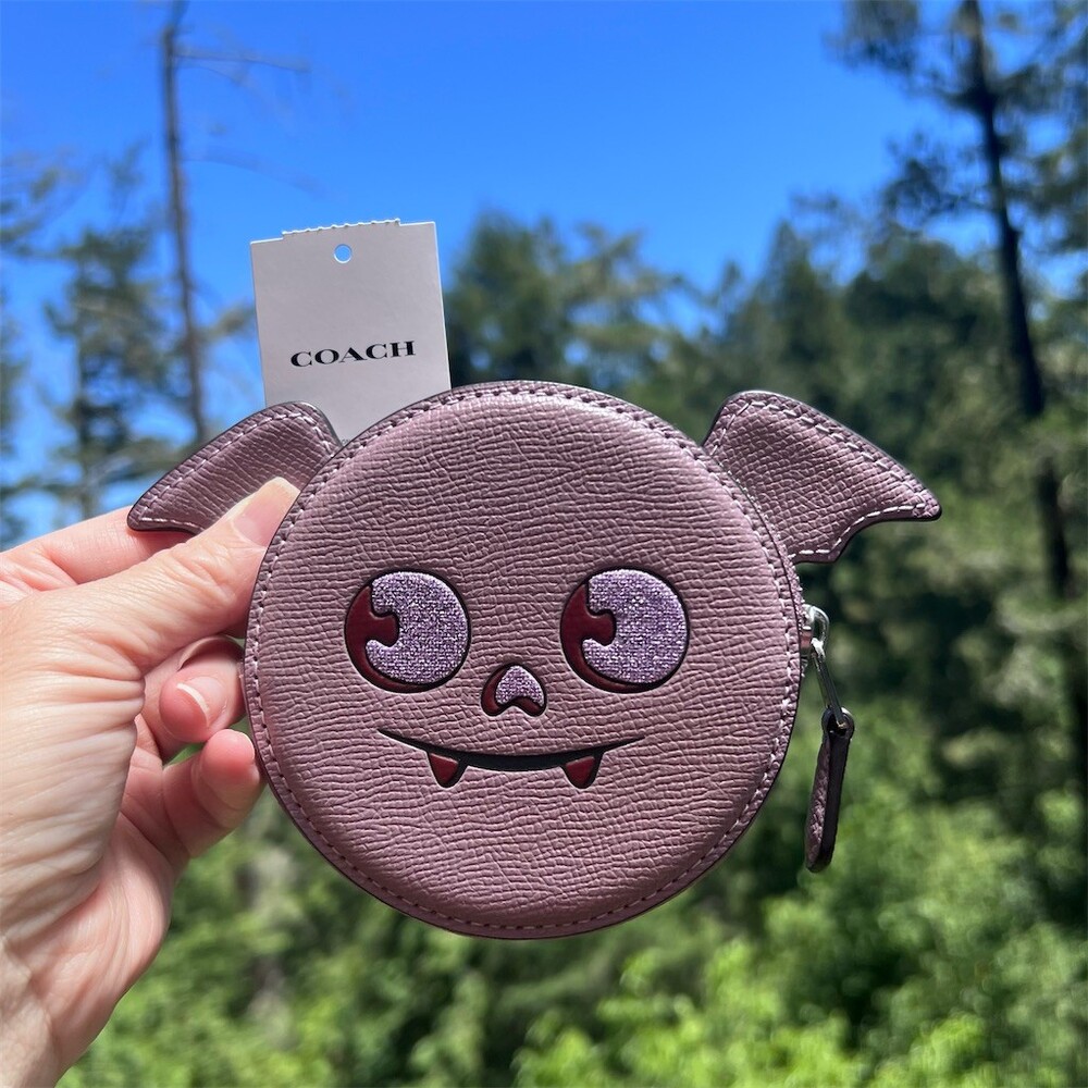 COACH Halloween Bat Round Coin Case Wallet Purple Glitter Eyes Zip Pouch NWT